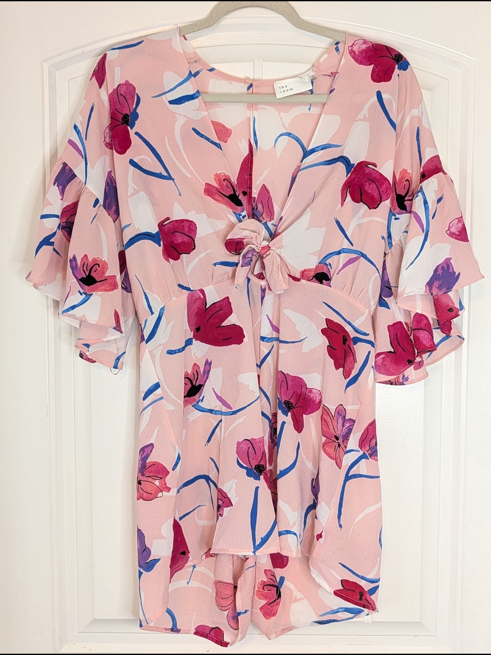 The Room Pink Floral Patterned Flutter Sleeve Deep V Romper